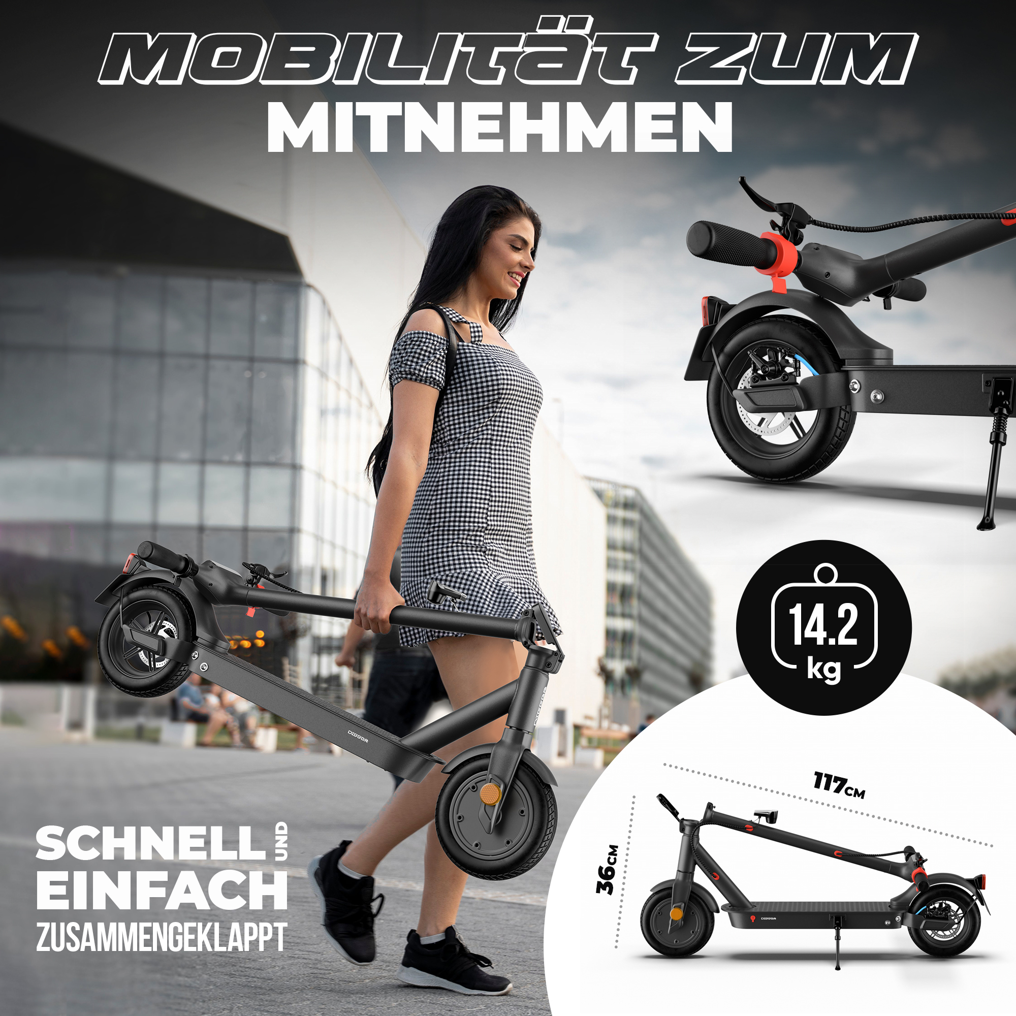 Frau trägt schwarzen E-Scooter, der leicht zusammenklappbar ist.