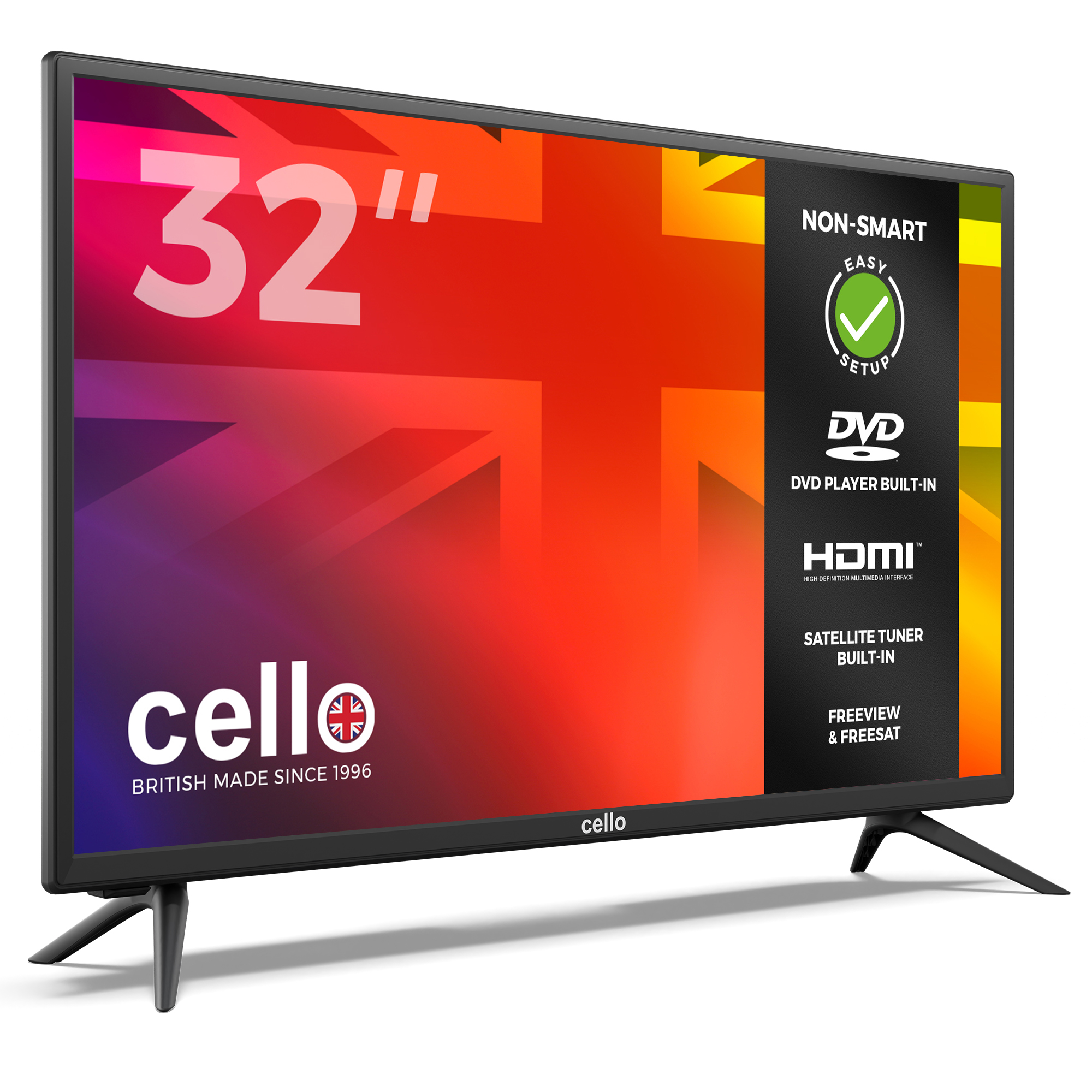 Ein 32-Zoll Cello Nicht-Smart-TV mit integriertem DVD-Player, HDMI und Freeview/Freesat.
