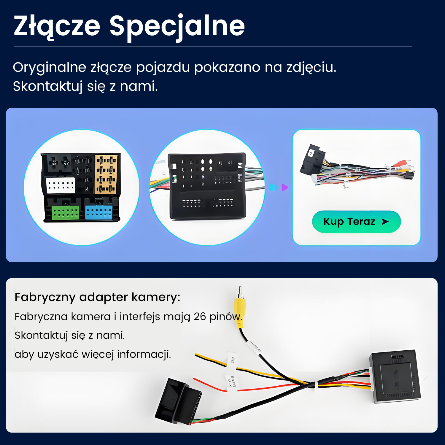 Trzy złącza samochodowe z przewodami i adapterem. Widoczne jest żółte złącze.