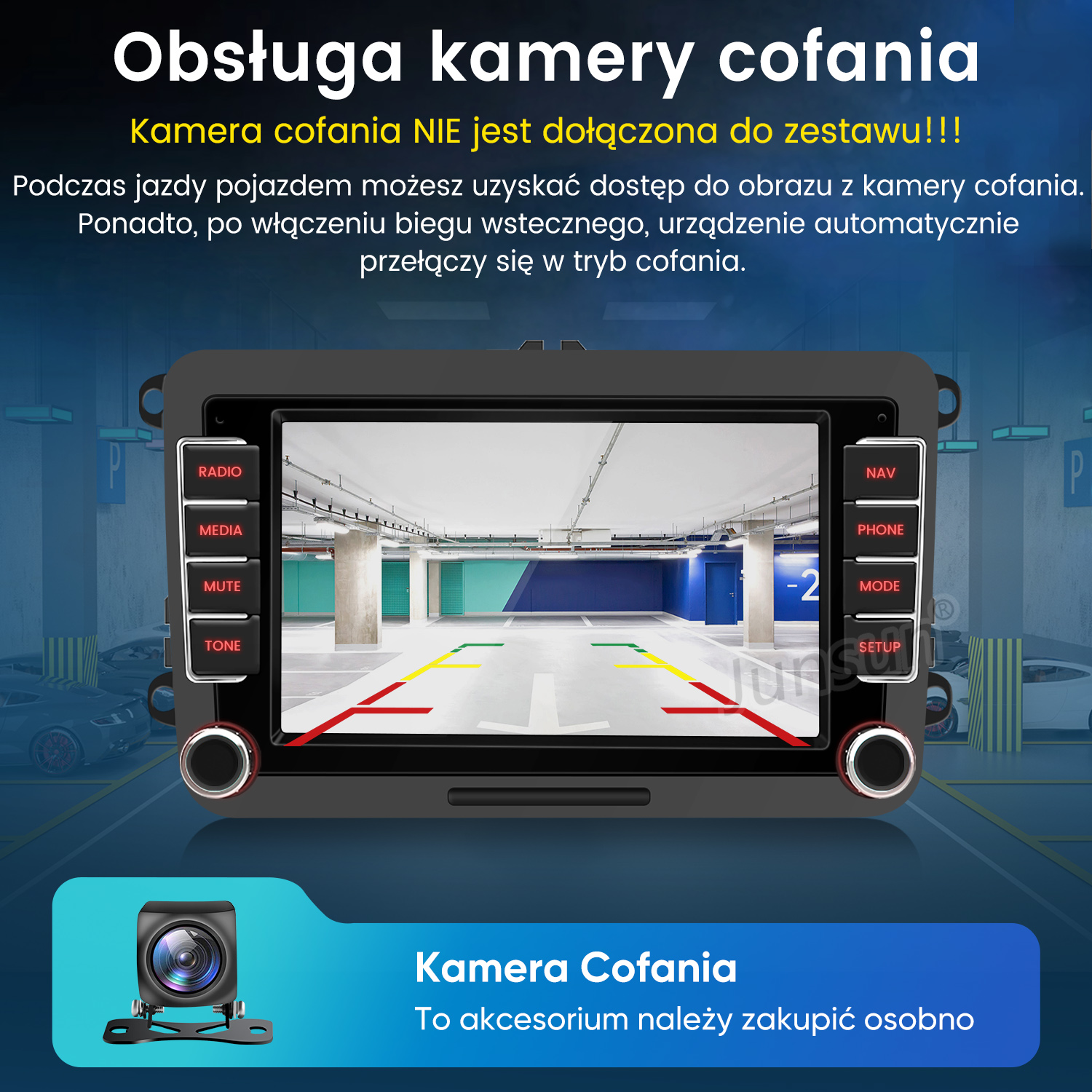 Radio samochodowe wyświetla widok parkingu z liniami kamery cofania.
