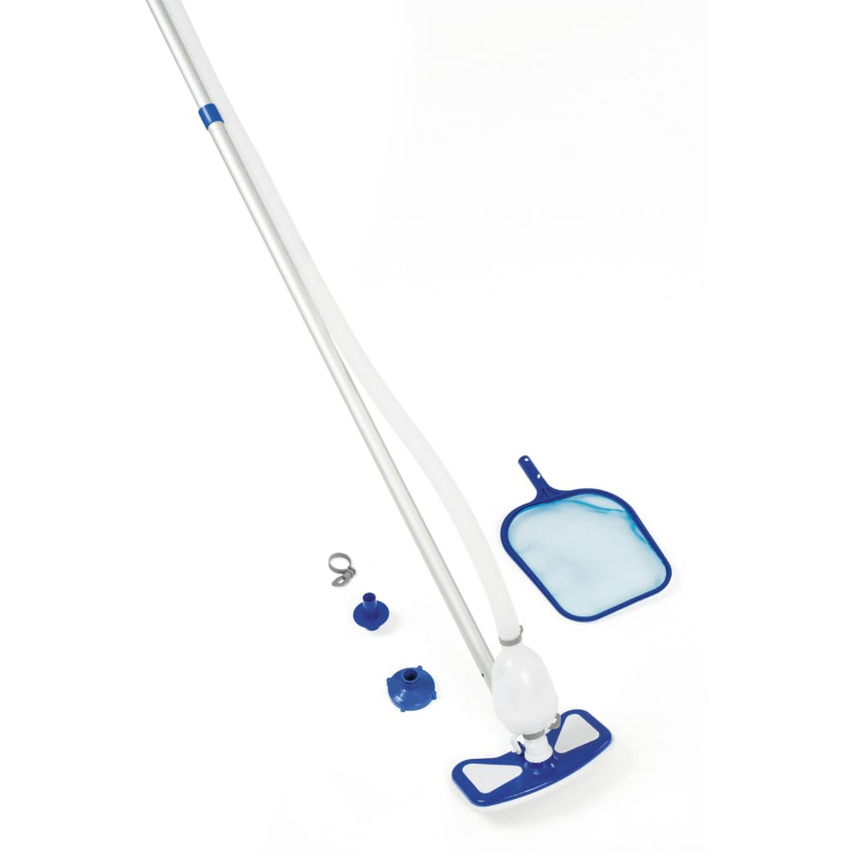 Un kit de limpieza de piscina con pértiga telescópica, red y cabezal de aspiración.