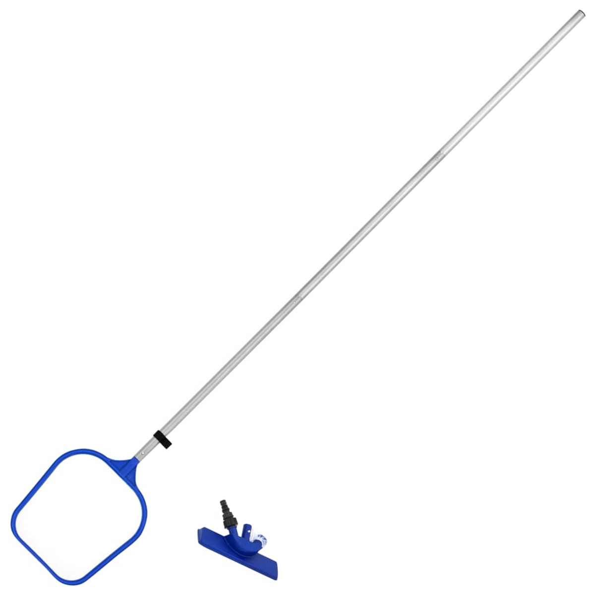 Un skimmer azul para piscina con mango de aluminio y un accesorio de aspiradora azul.