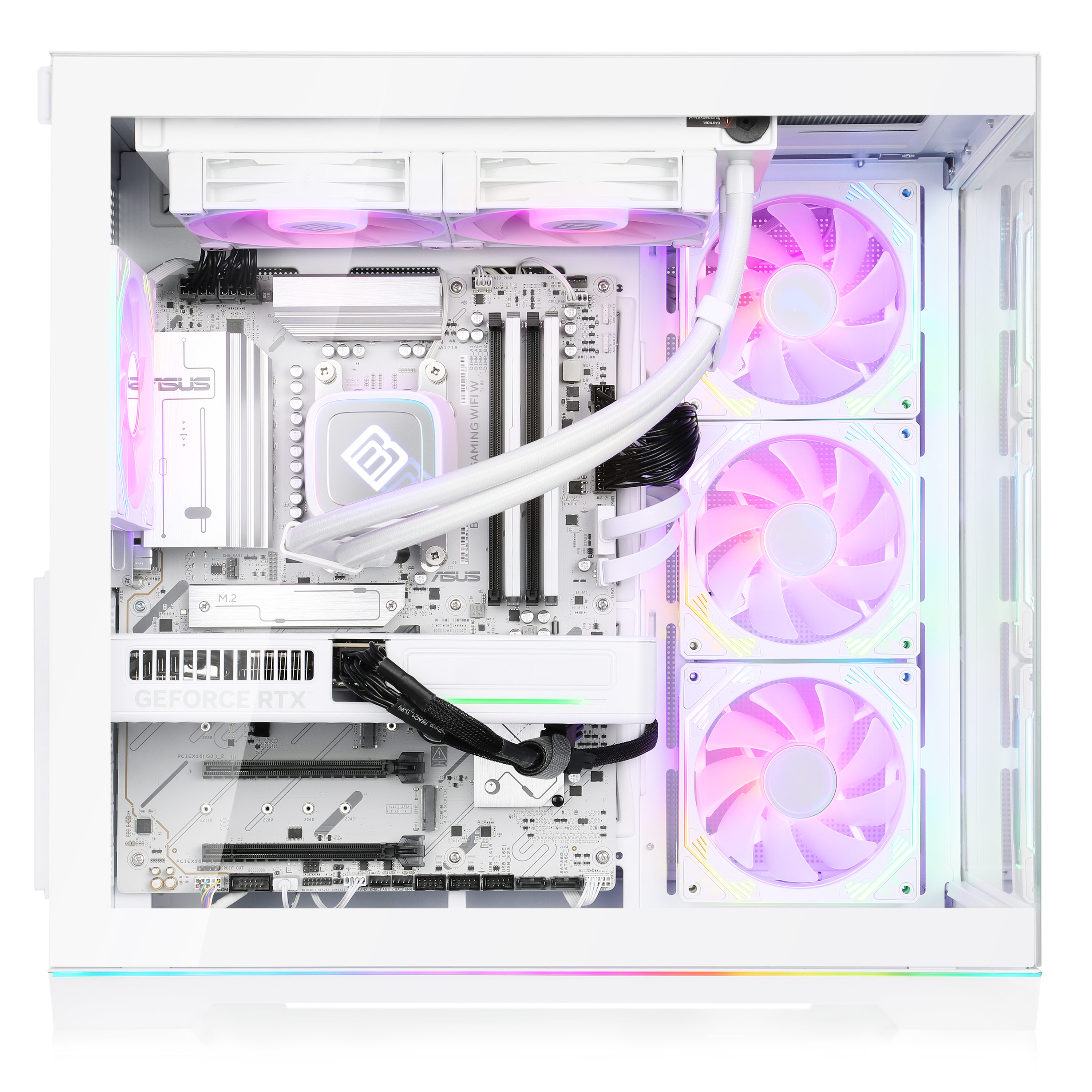 Ein weißer PC mit RGB-Lüftern, GPU und detaillierter Hauptplatine.