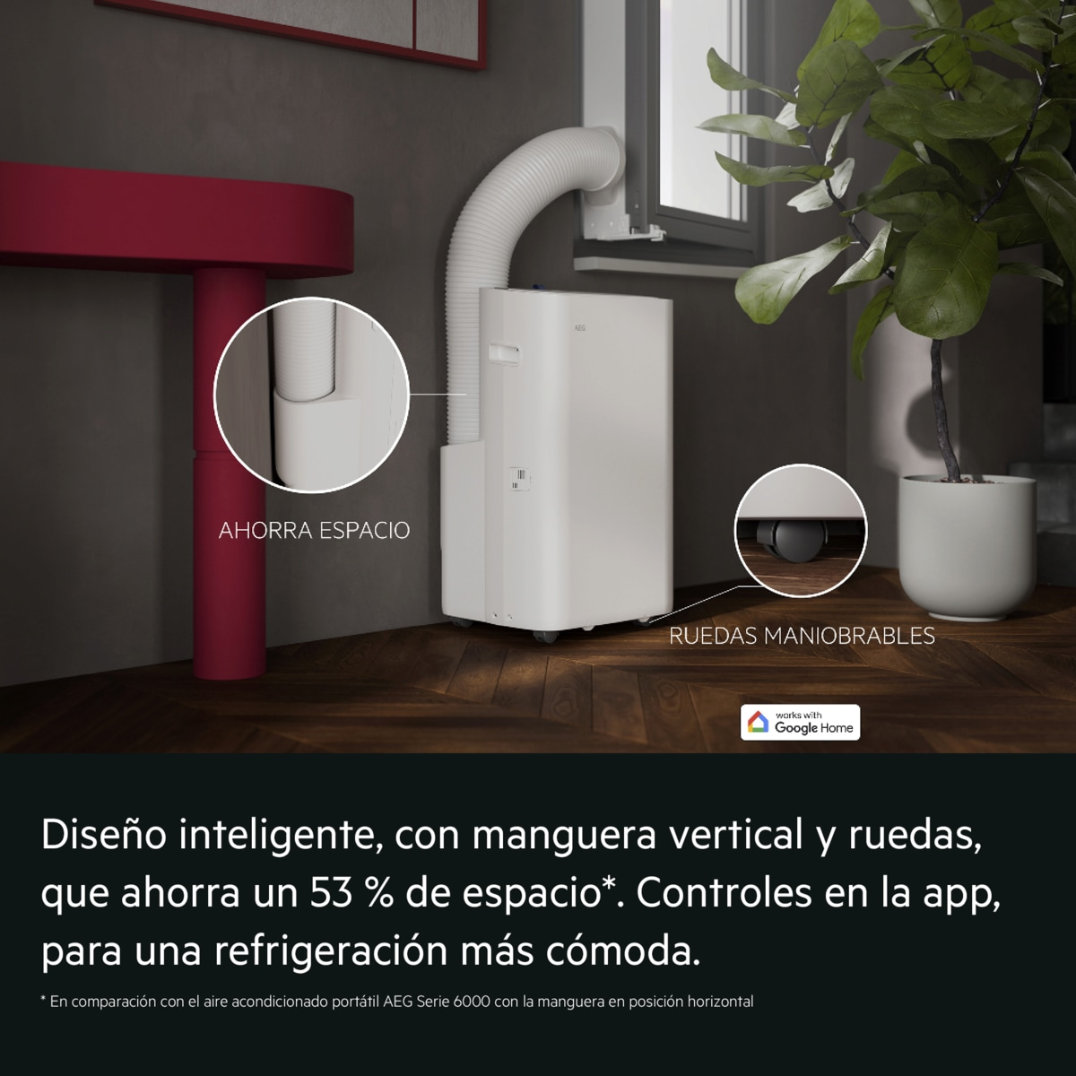 Un aire acondicionado portátil blanco con manguera y ruedas sobre suelo de madera.