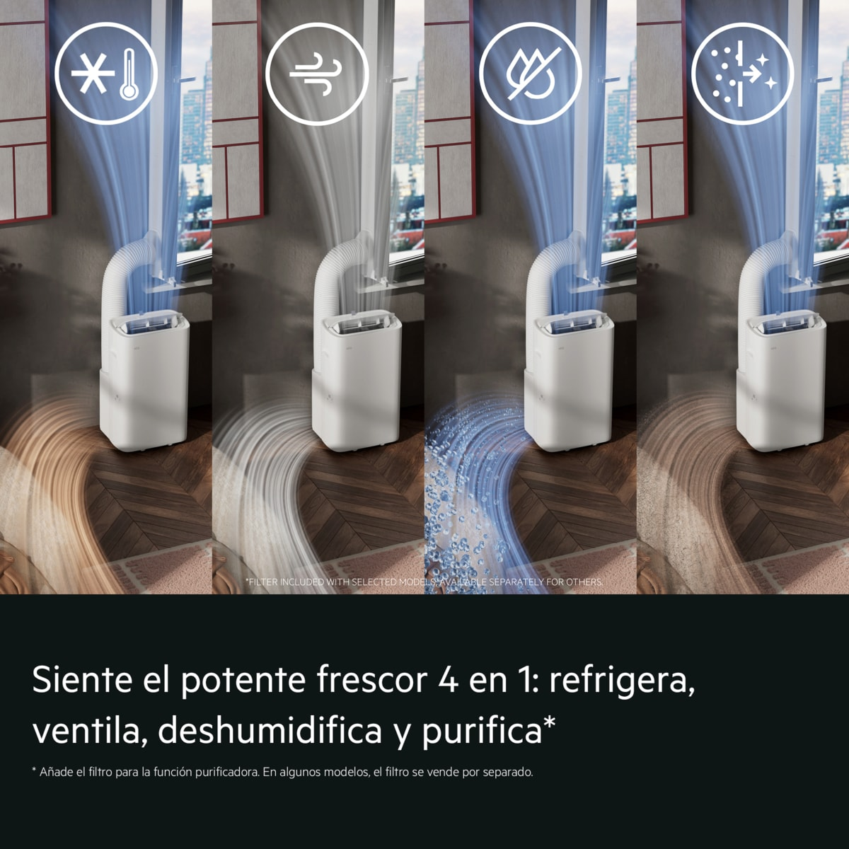 Cuatro modos: enfriar, ventilar, deshumidificar, purificar, con iconos.