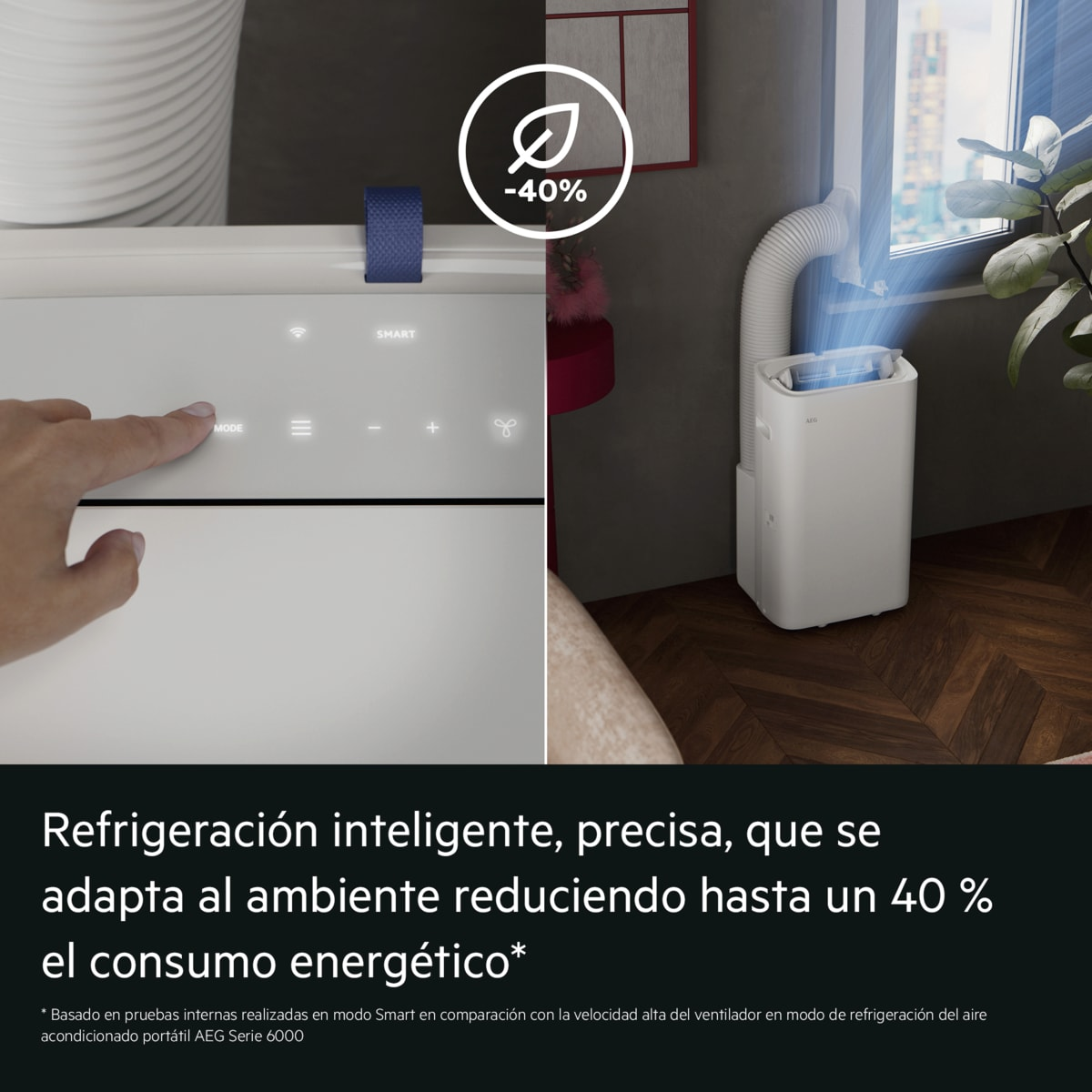 Panel de control y unidad de aire acondicionado portátil junto a ventana.