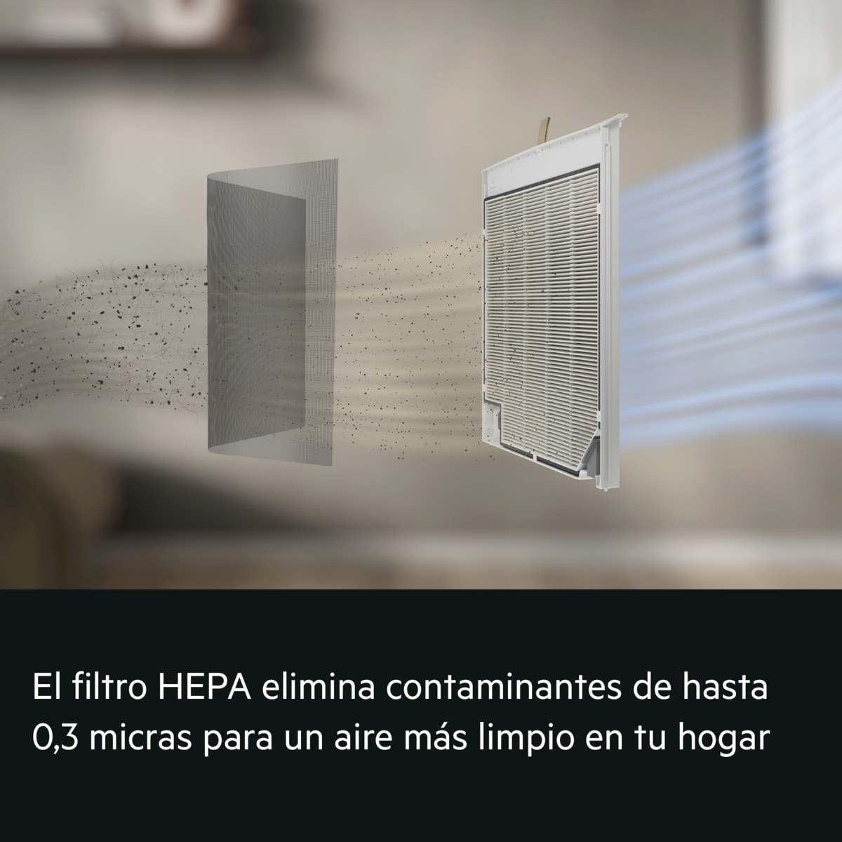 Diagrama del filtro HEPA que muestra partículas de polvo capturadas por el filtro.