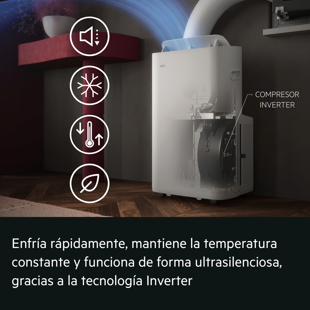 Un enfriador de aire AEG blanco con carcasa abierta revela el compresor. Iconos de volumen, nieve, termómetro y hoja a la izquierda.