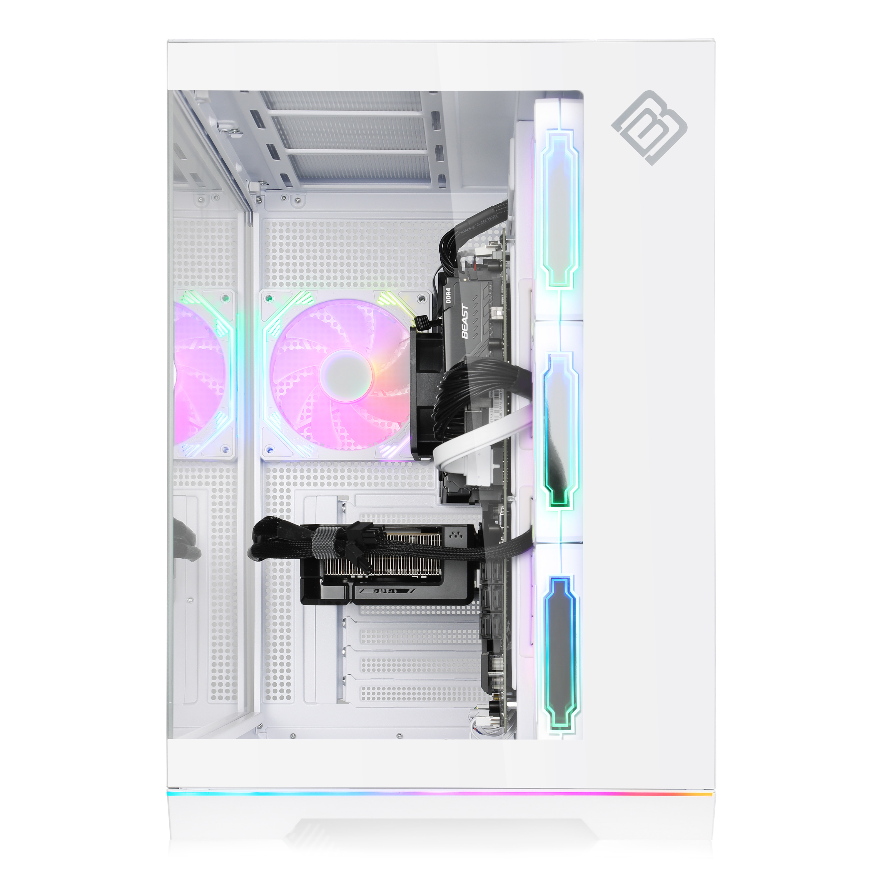Ein weißes PC-Gehäuse mit RGB-Lüftern und Kabeln.