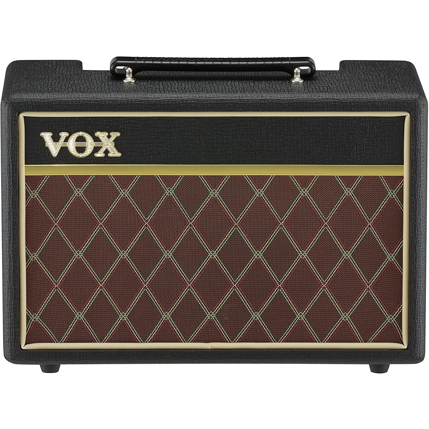 Un amplificatore per chitarra VOX nero con griglia dell'altoparlante marrone e finiture dorate.