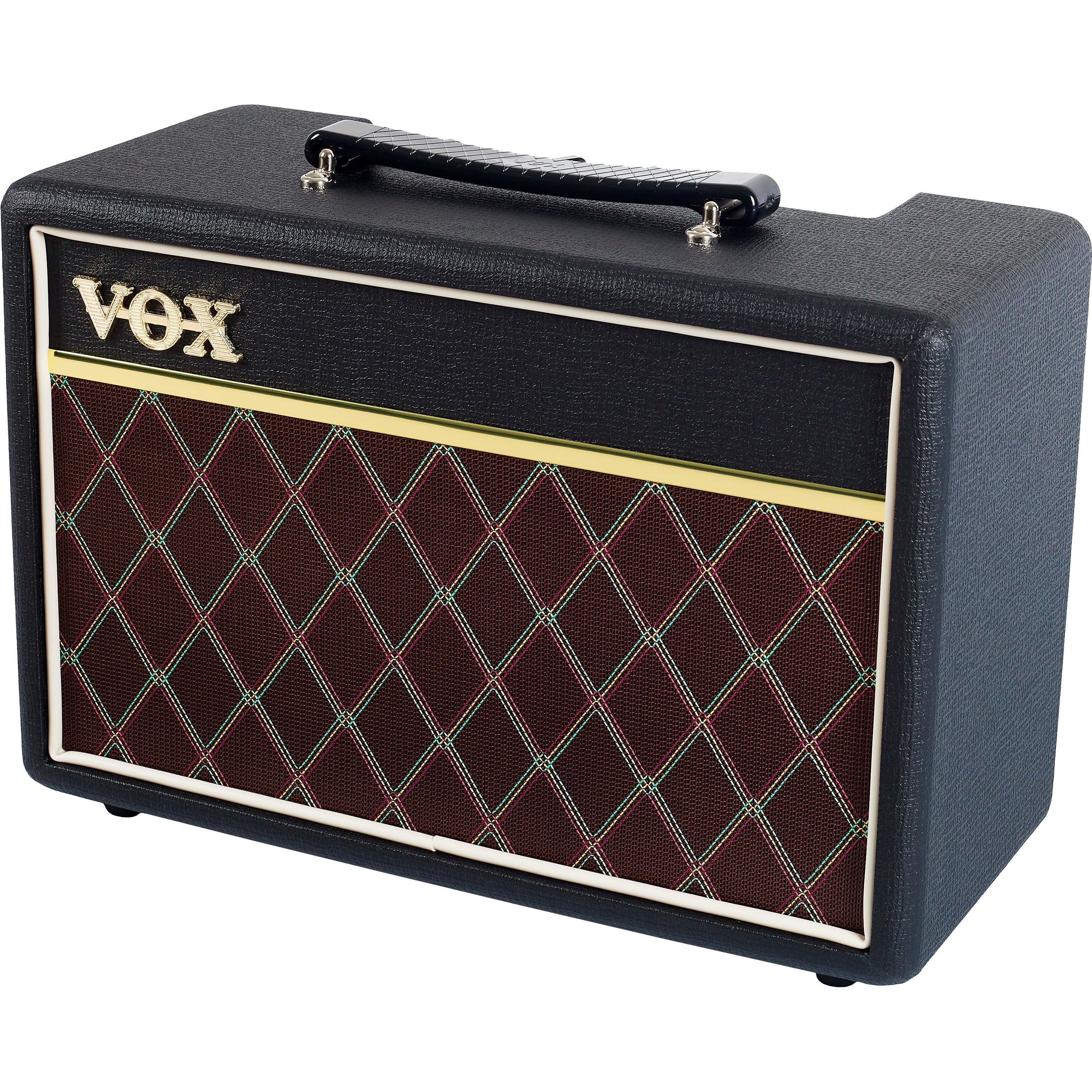 Un amplificatore per chitarra VOX nero con griglia altoparlante a rombi e logo dorato.