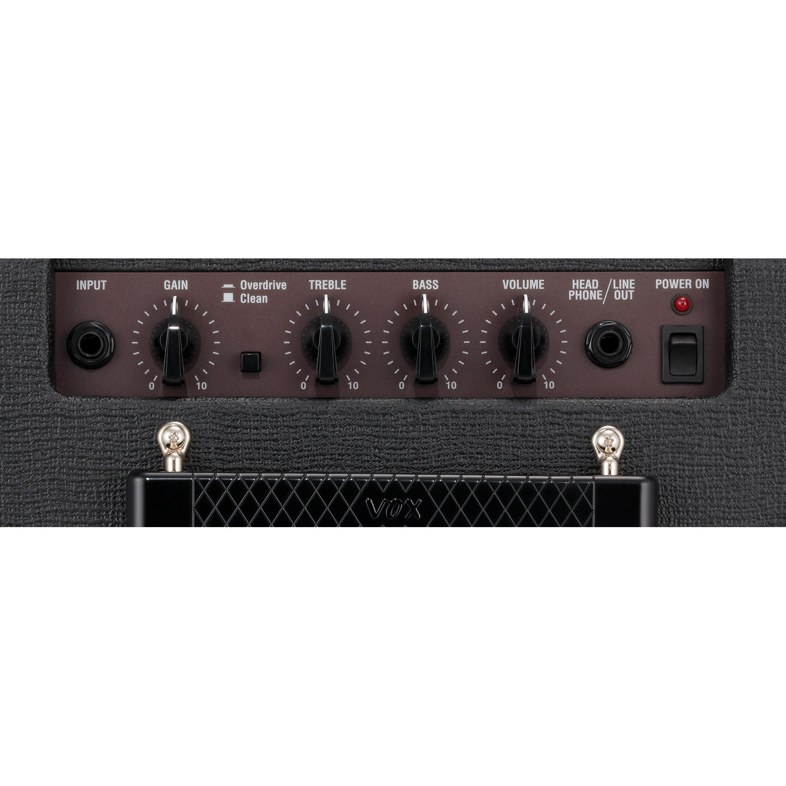 Pannello di controllo amplificatore chitarra con manopole Gain, Treble, Bass, Volume e jack.