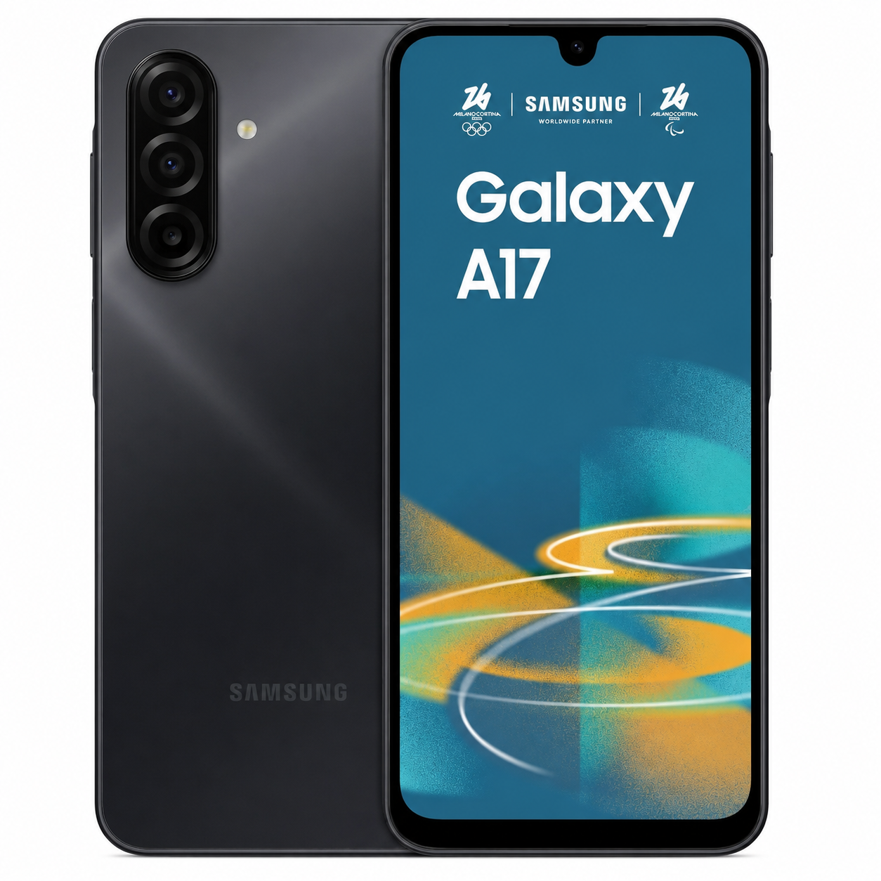 Smartphone Samsung Galaxy A17 grigio scuro con tripla fotocamera posteriore e display completo.