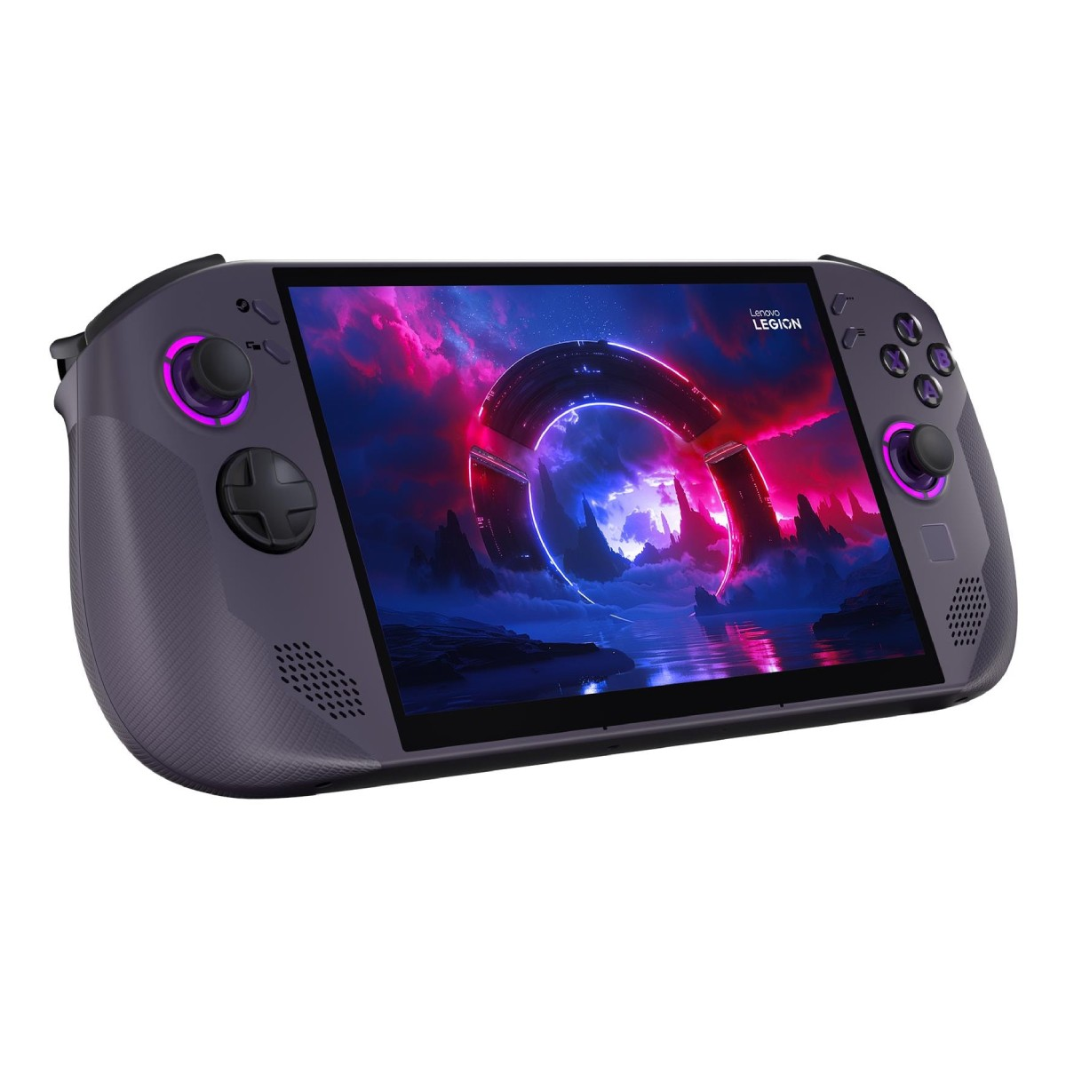 Un dispositivo di gioco portatile grigio che visualizza uno sfondo fantascientifico vibrante.