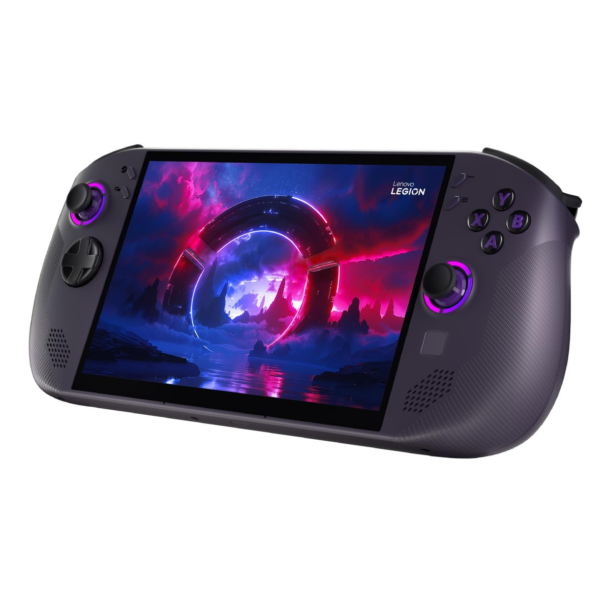 Un dispositivo di gioco portatile grigio scuro con un ampio schermo che mostra un paesaggio futuristico.