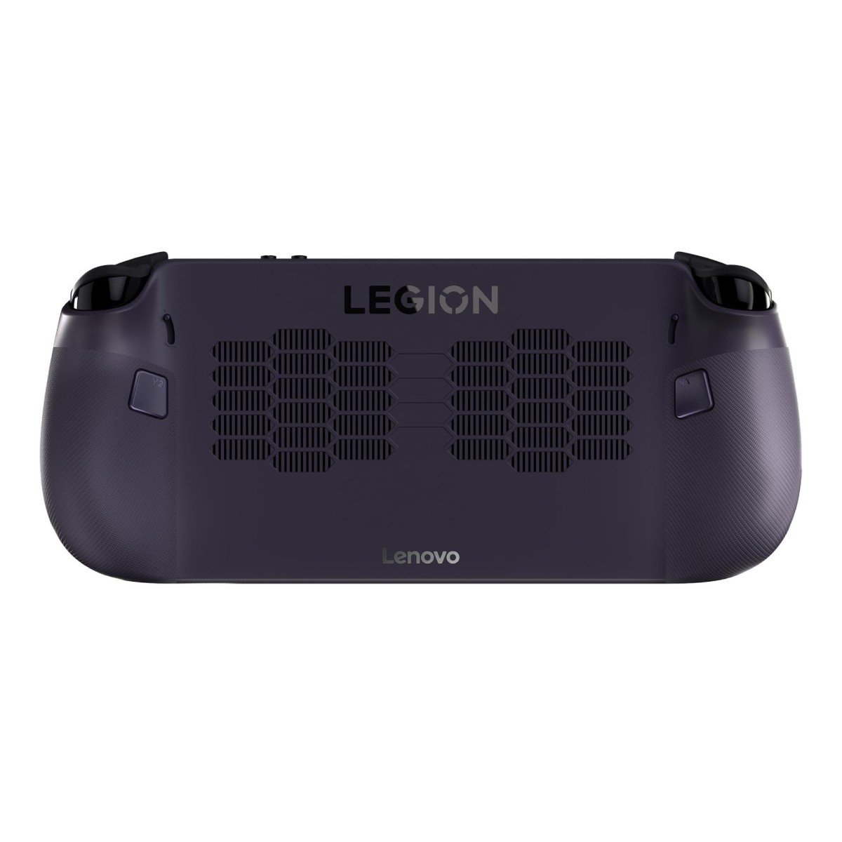 Dispositivo portatile viola scuro con fessure di ventilazione e logo Lenovo.