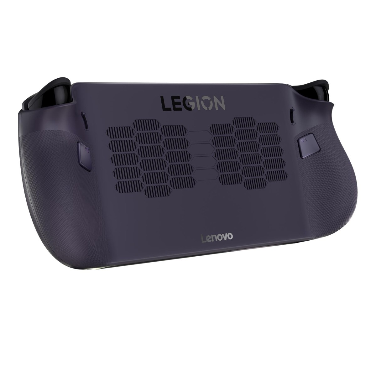 Un dispositivo portatile viola con griglie di ventilazione e loghi "LEGION" e "Lenovo".
