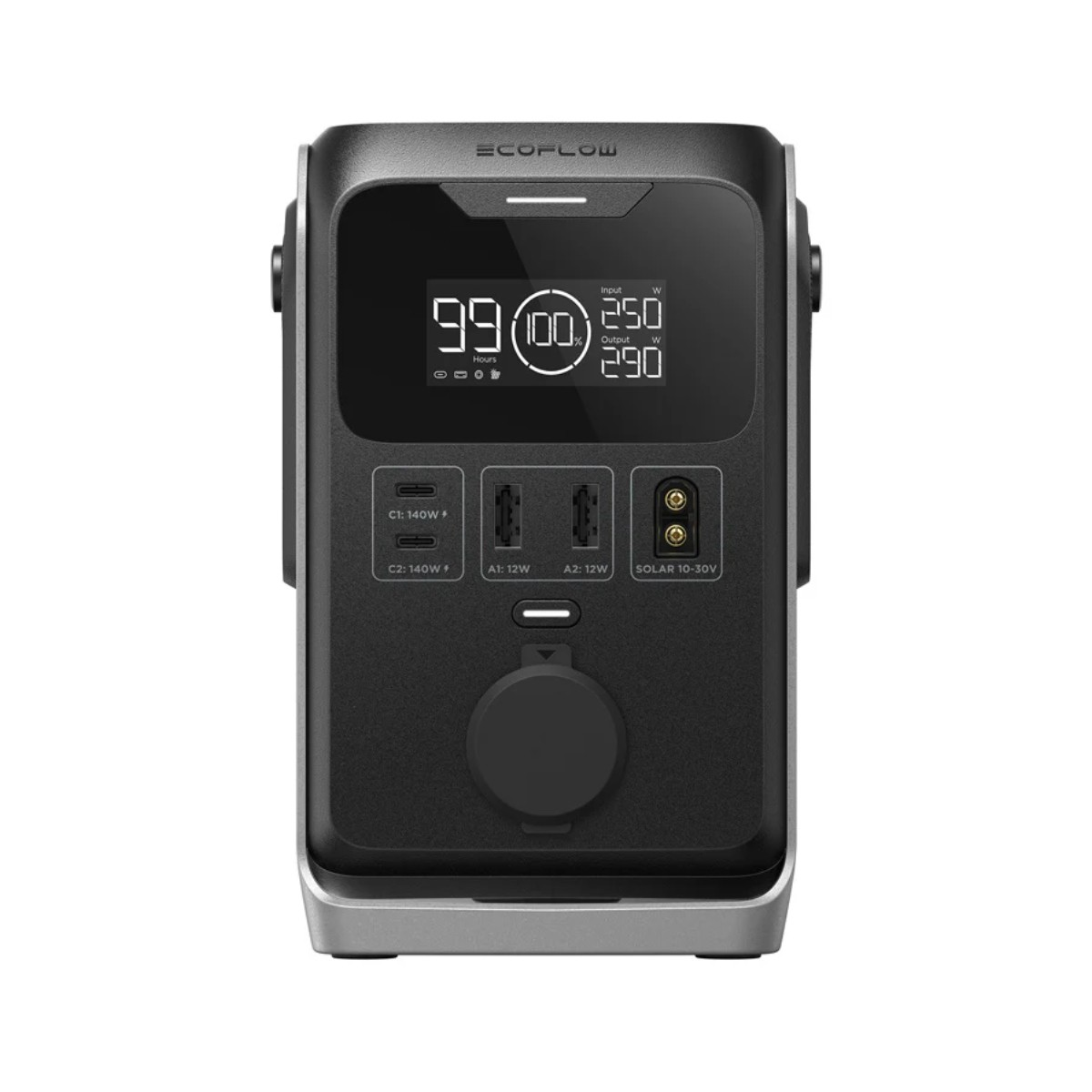 Stazione di alimentazione EcoFlow nera con display digitale che mostra 99 ore e 100%.
