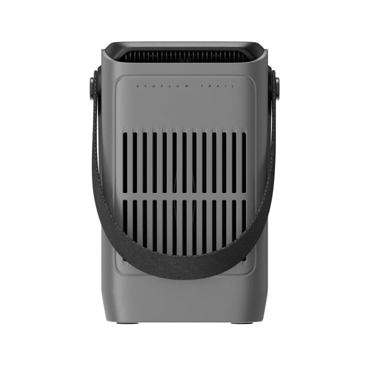 Ventilatore portatile grigio con lamelle nere e maniglia.