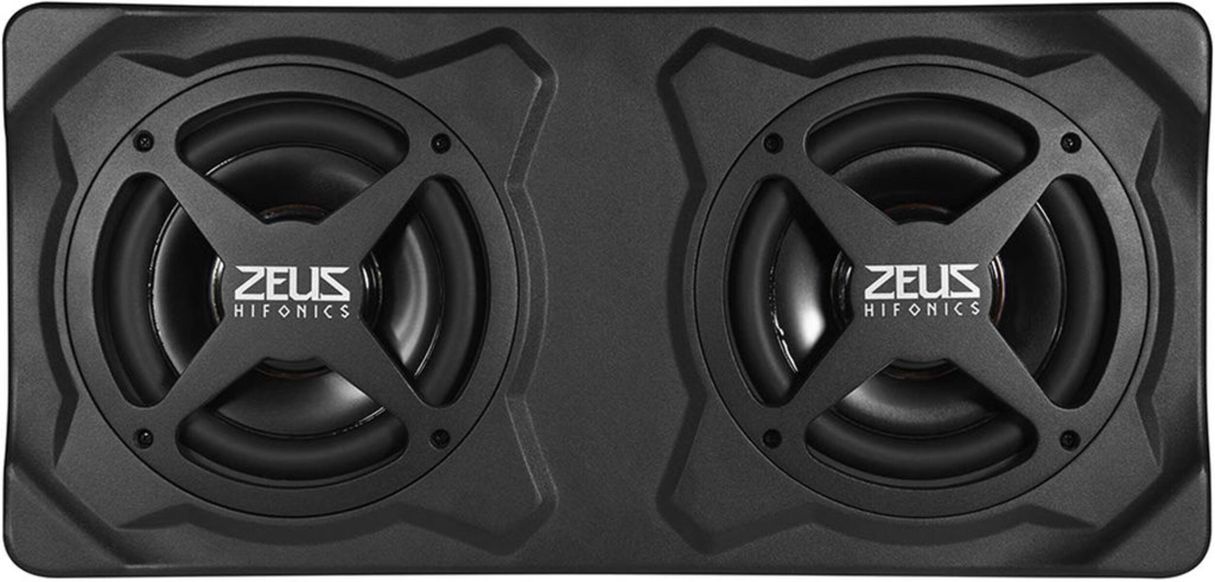 Schwarzer rechteckiger Subwoofer mit zwei Lautsprechern und Zeus Hifonics-Logo.