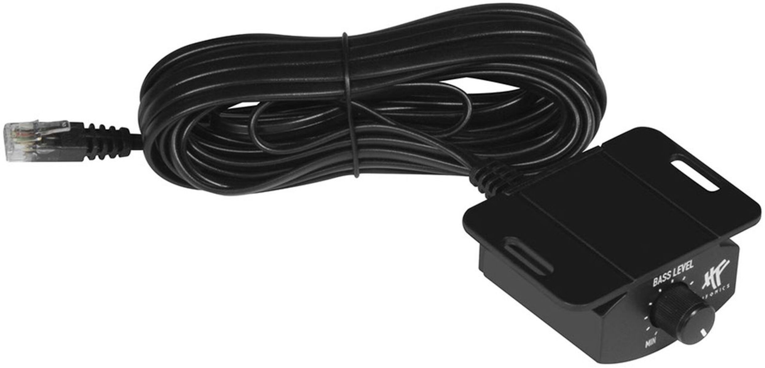 Schwarzes Kabel mit RJ45-Stecker und Bassregler-Einheit mit Drehknopf.