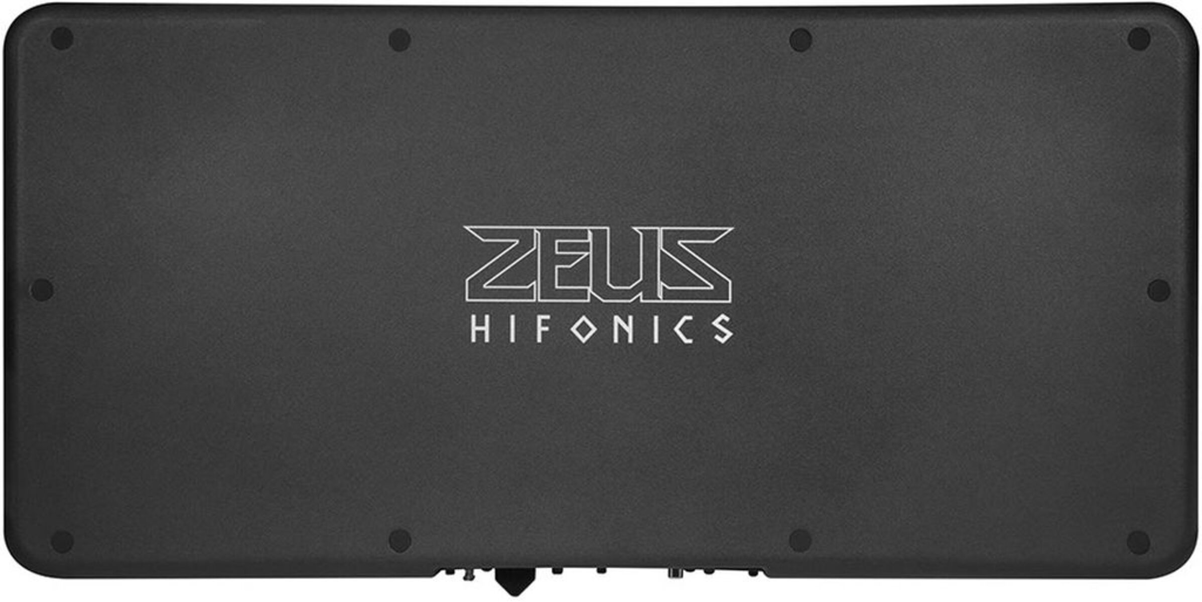 Schwarzer Zeus Hifonics Verstärker mit silbernem Logo und Montagelöchern.