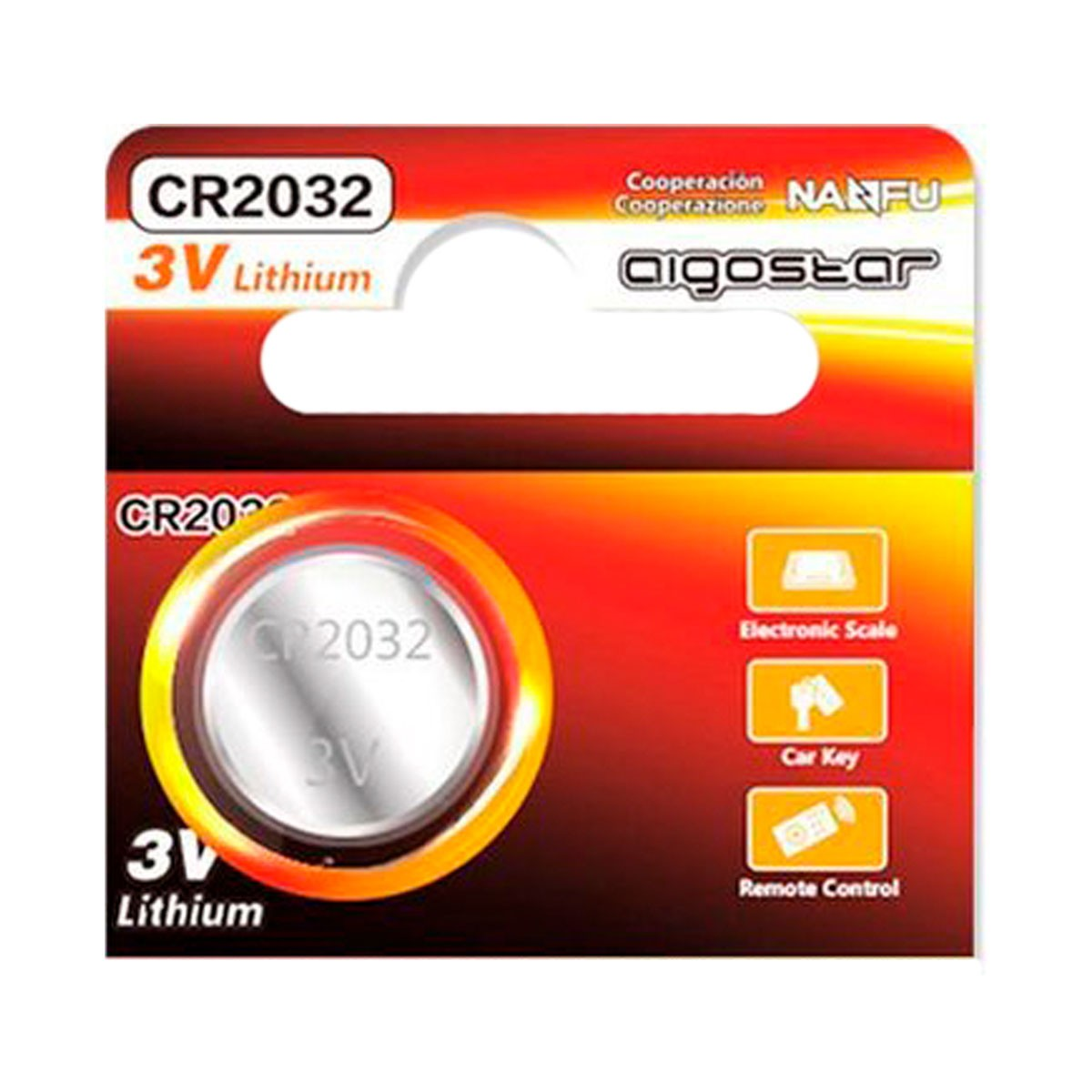 Confezione batteria litio CR2032 3V con icone bilancia, chiave auto, telecomando.
