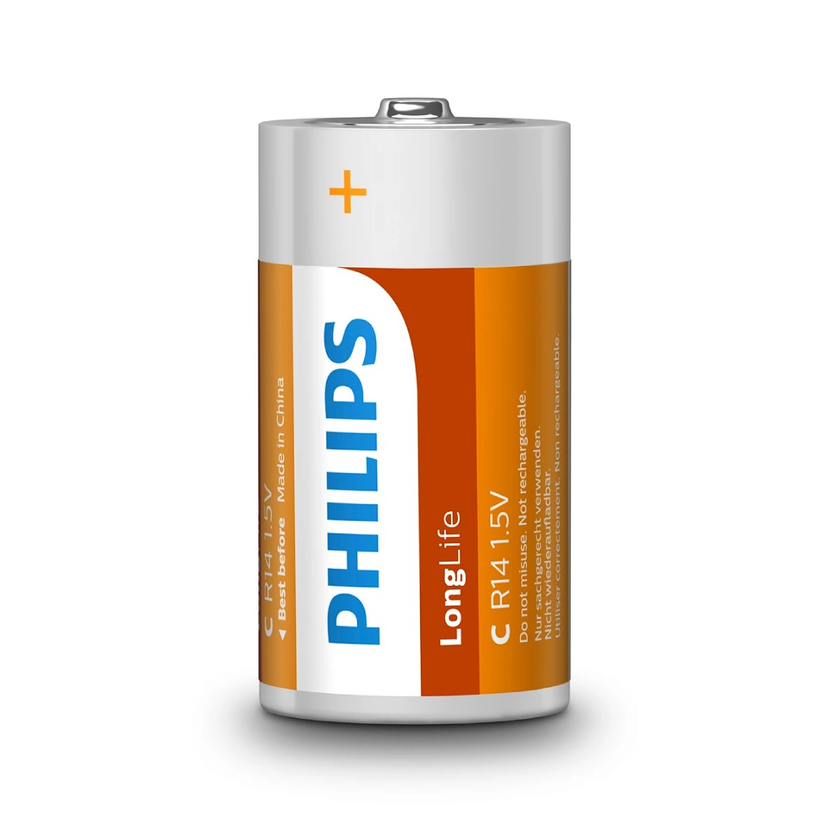 Batteria bianca con striscia arancione e logo Philips. Non ricaricabile.