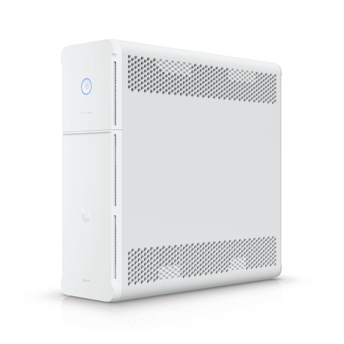 Una torre PC bianca con pulsante di accensione e prese d'aria.