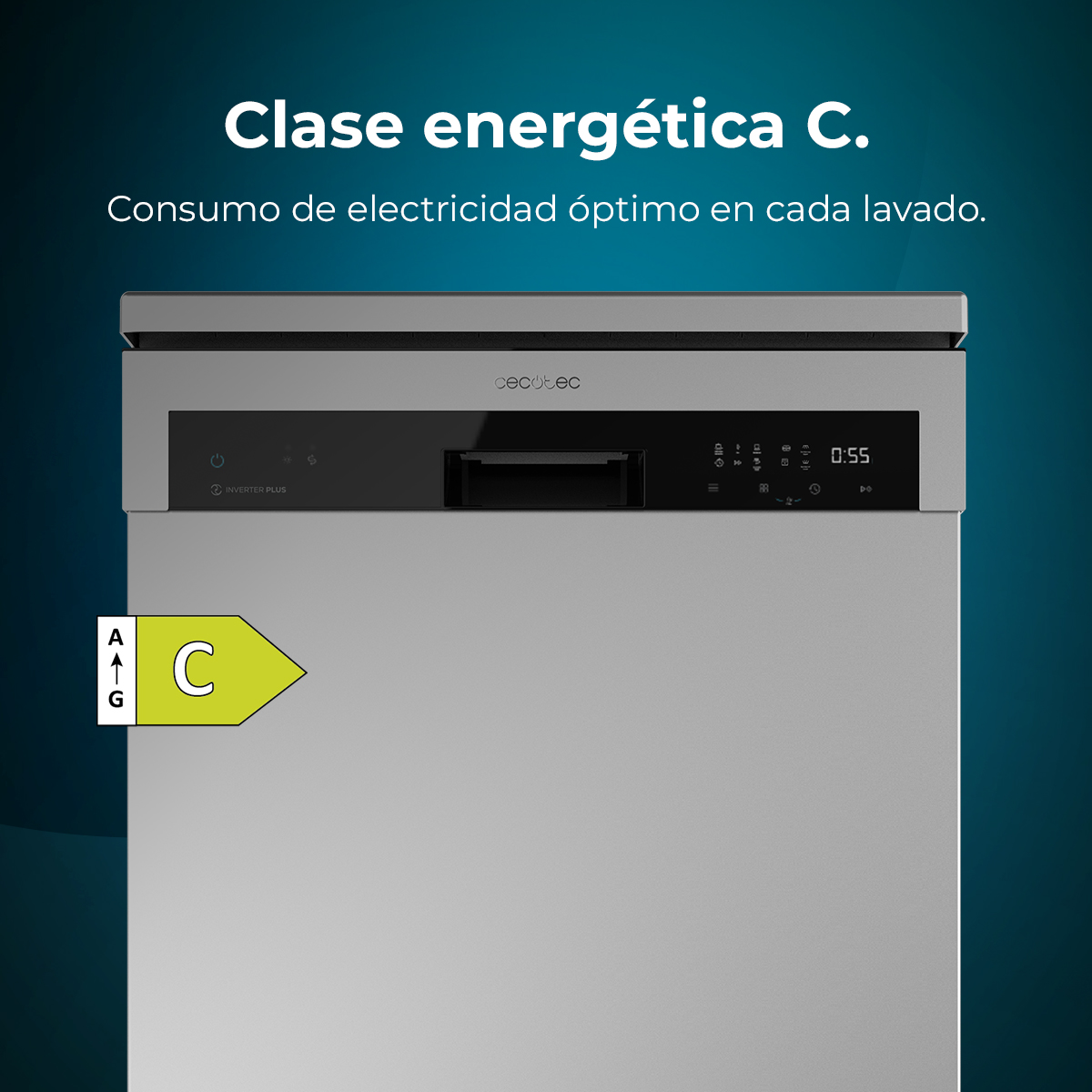 Un lavavajillas plateado con etiqueta de eficiencia energética C y pantalla digital.