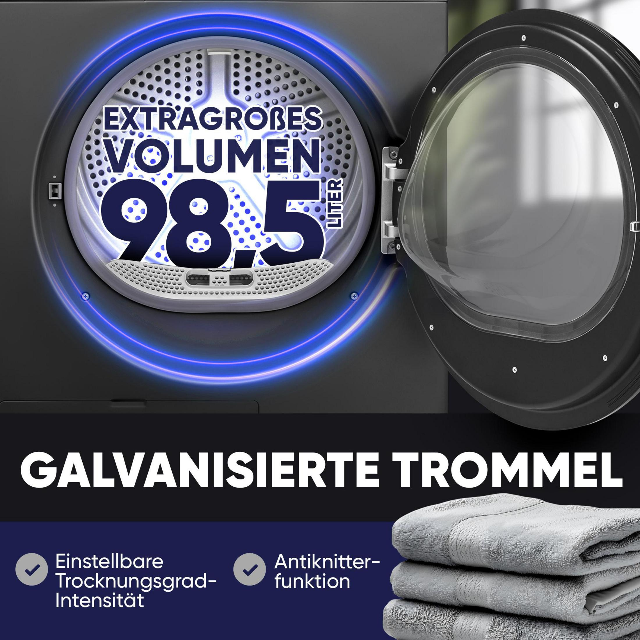 Wärmepumpentrockner Trommel mit 98,5 L Volumen. Stapel grauer Handtücher.