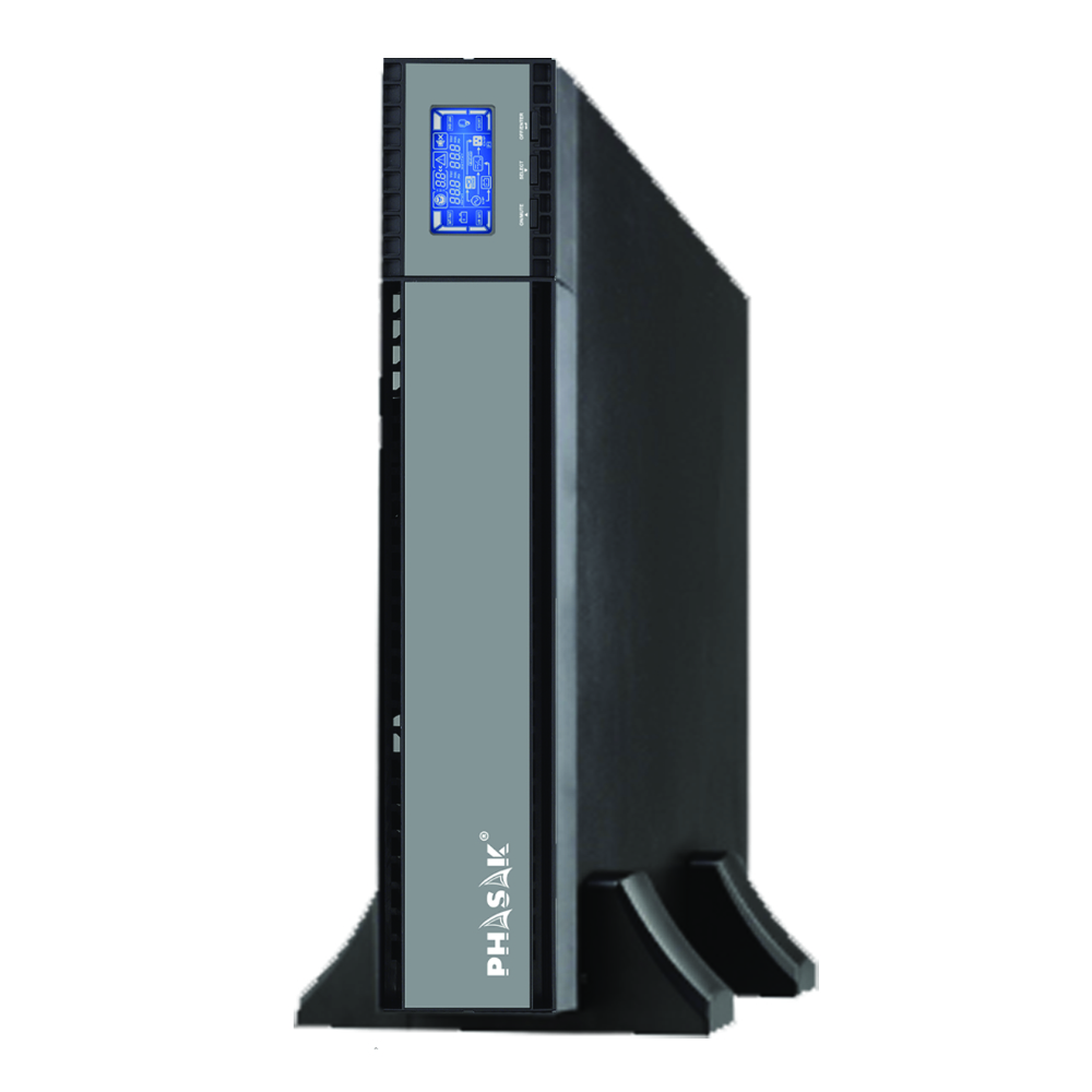 Torre UPS nera con pannello frontale grigio e display blu.