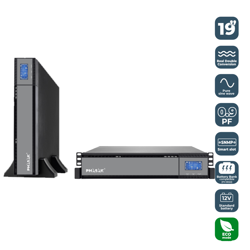 Due unità UPS Phasak, una tower e una rack, con icone features.