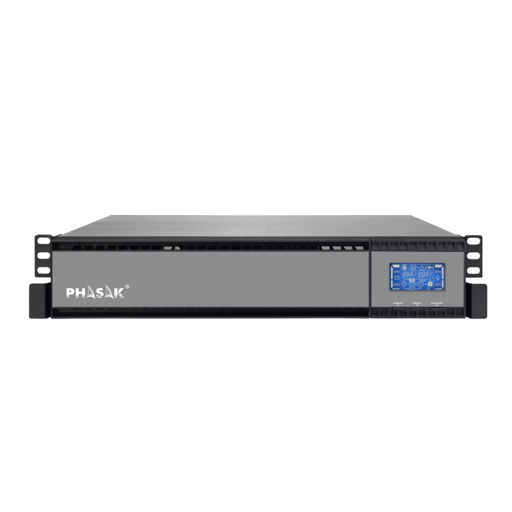 Dispositivo rack grigio con schermo LCD blu e logo Phas.