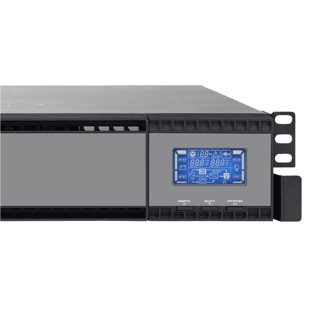 Un dispositivo grigio montato su rack con display digitale che mostra i valori di ingresso/uscita.