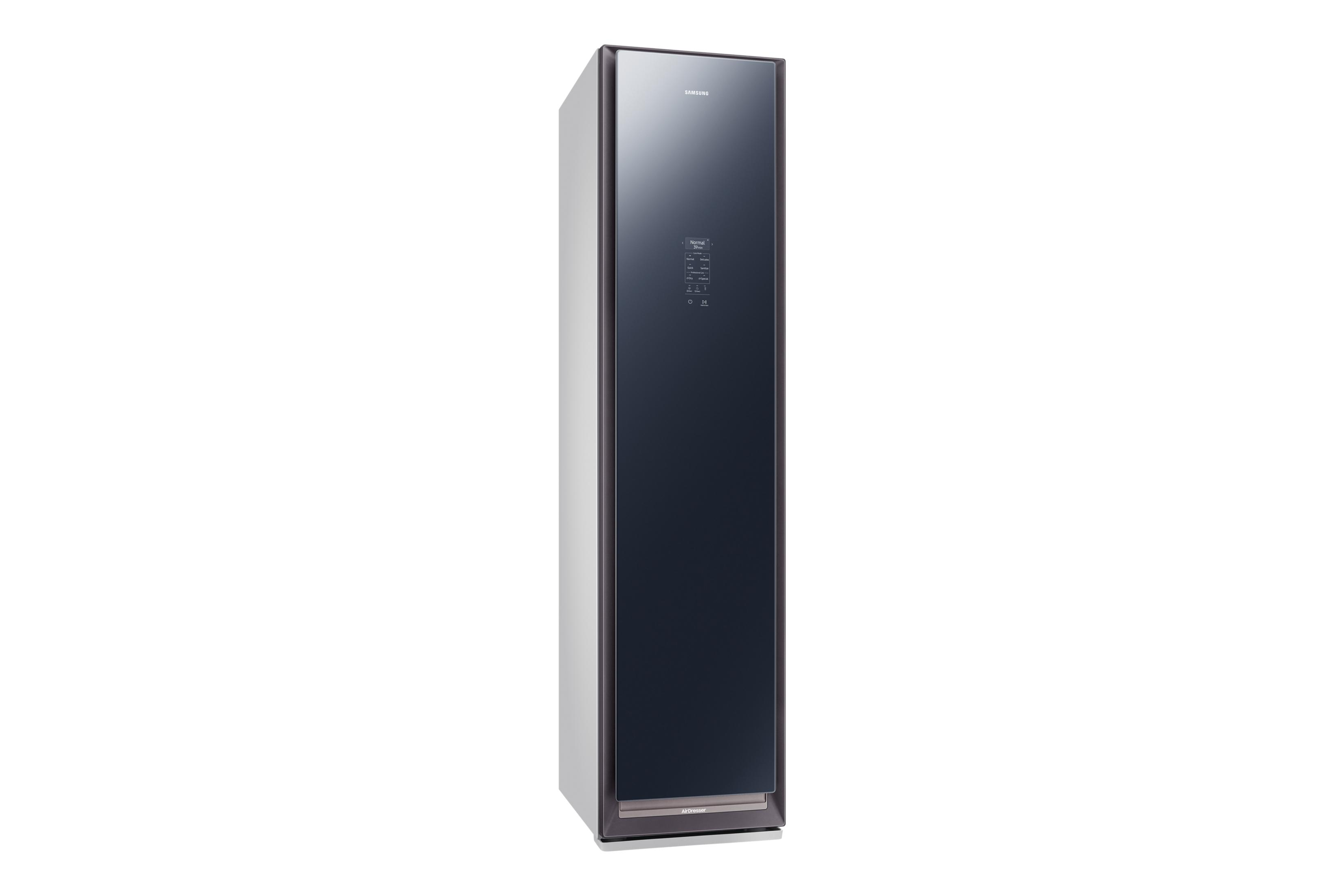 Koyu kapılı ve kontrol panelli, uzun, ince bir Samsung AirDresser.