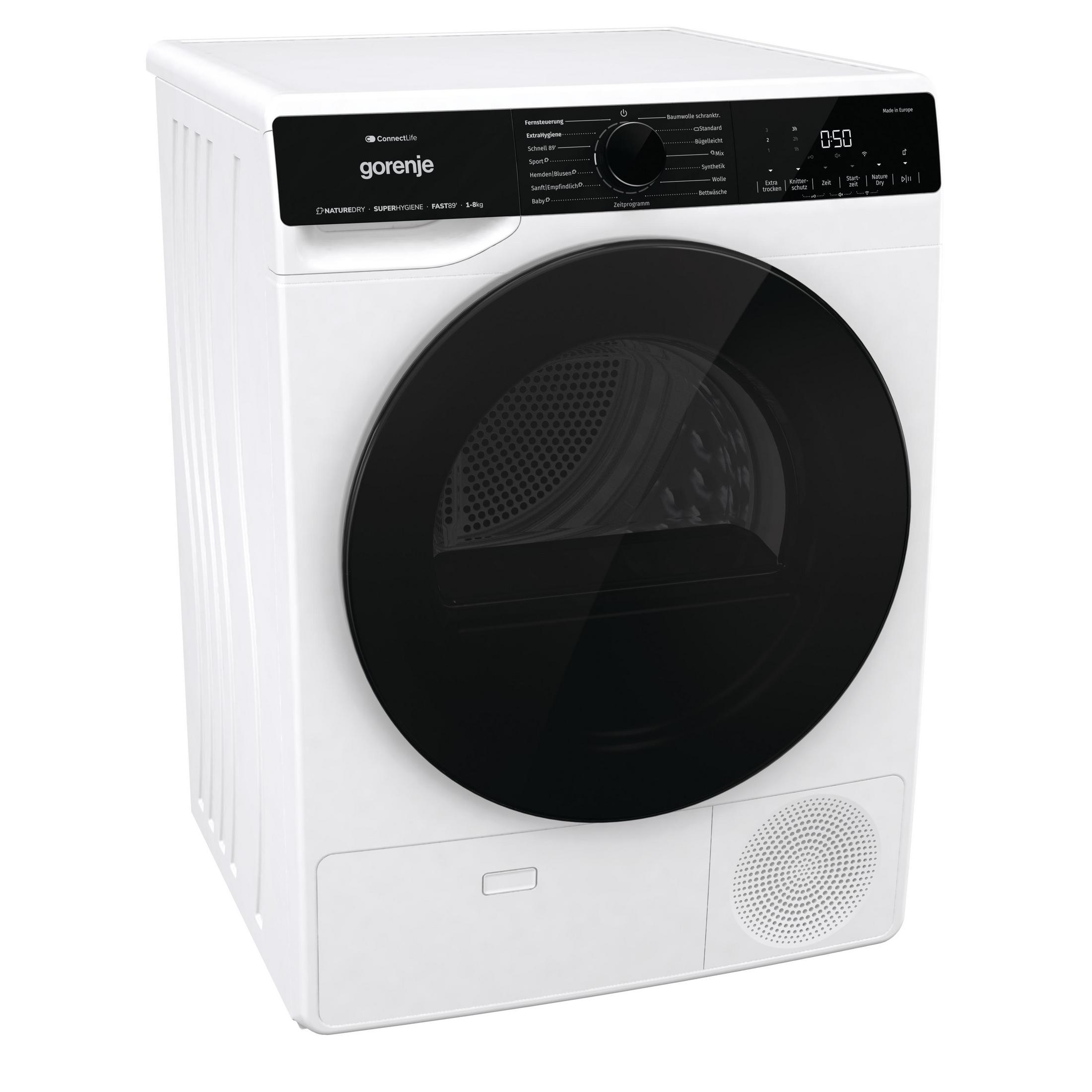 Ein weißer Gorenje Trockner mit schwarzem Bedienfeld und großer schwarzer Rundtür, Anzeige 