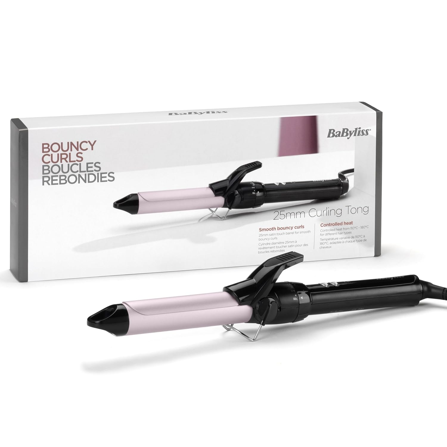 A pink and black curling tong with the BaByliss brand name on its packaging.