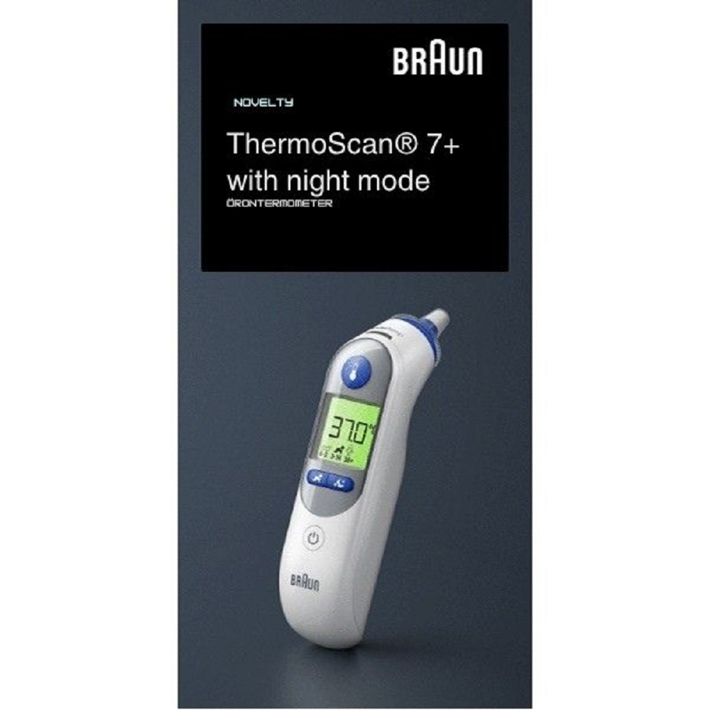 Een witte Braun thermometer met blauwe knop en groen scherm waarop 37,0 staat.