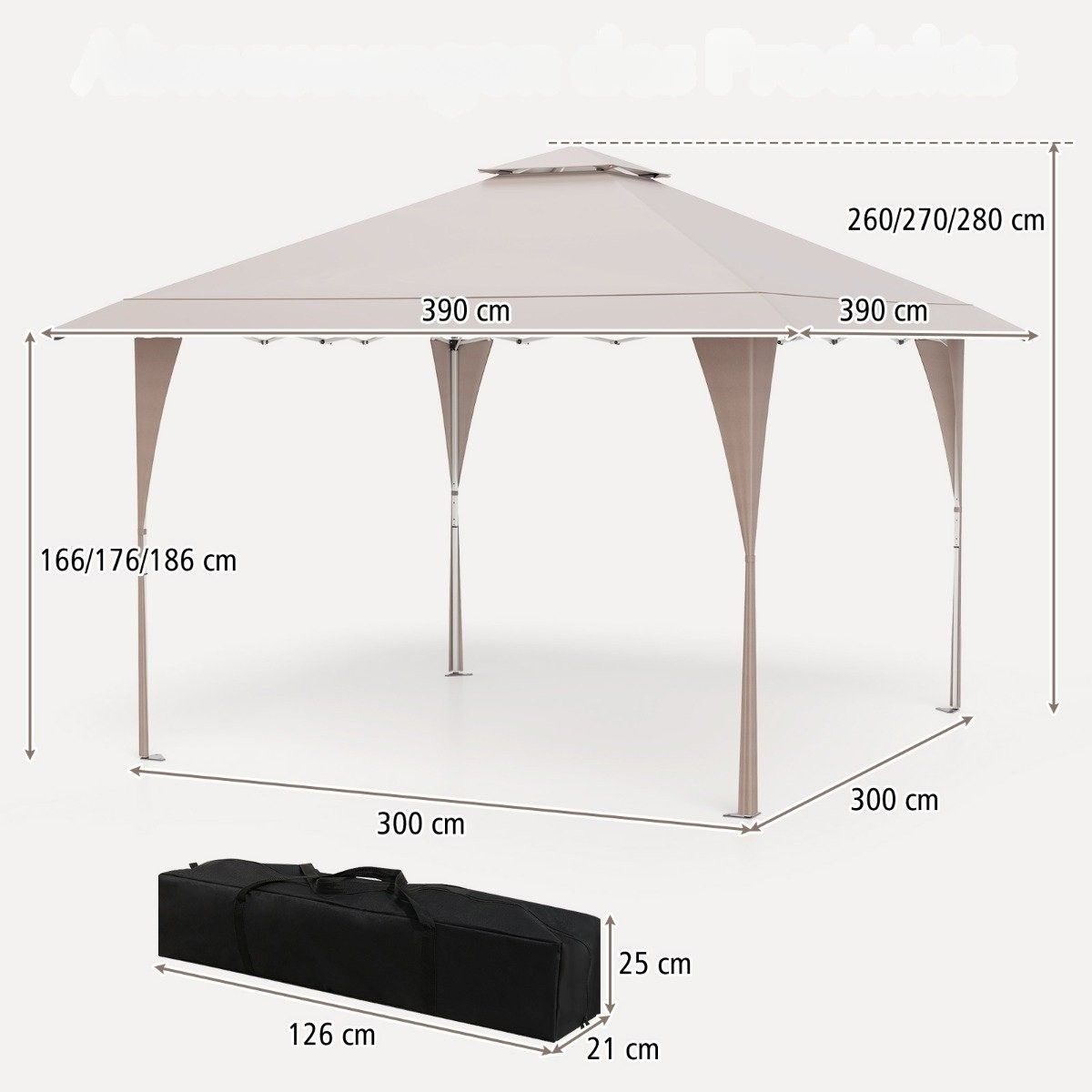 Een beige gazebo met afmetingen wordt getoond, met een draagtas.
