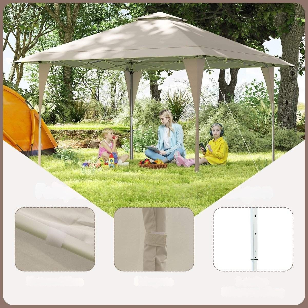 Een gezin geniet van een dagje buiten onder een luifel met een oranje tent en een gele tent ernaast.