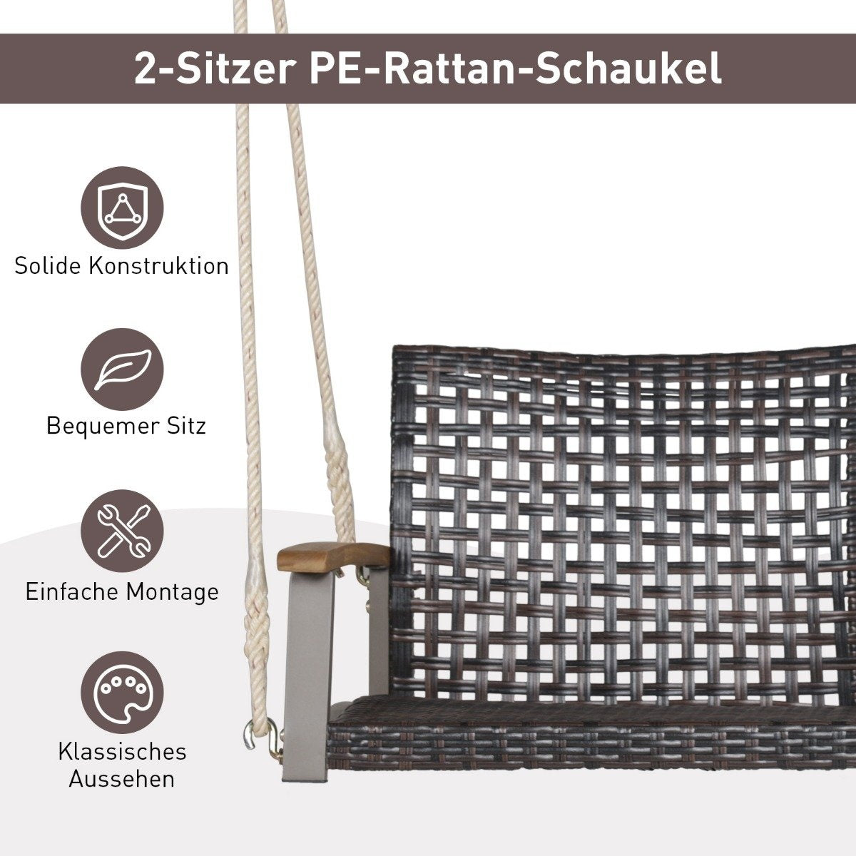 2-zits PE rotan schommel met iconen voor solide constructie, comfortabele zitting, eenvoudige montage.
