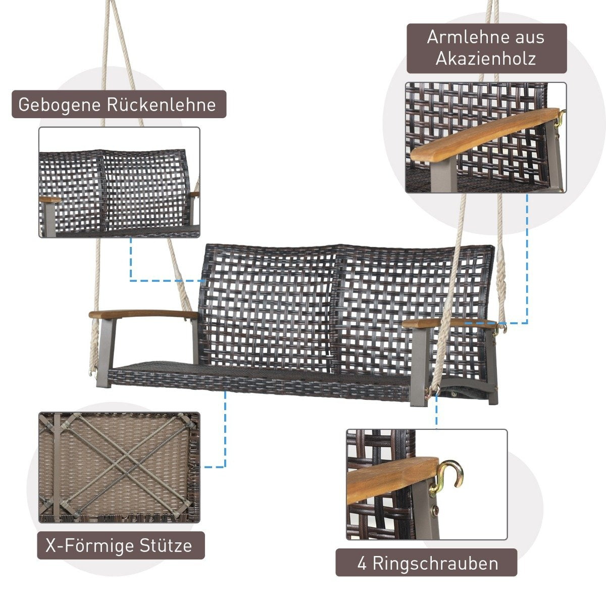 Gevlochten hangschommel met houten armleuningen, gebogen rugleuning en X-vormige steun.