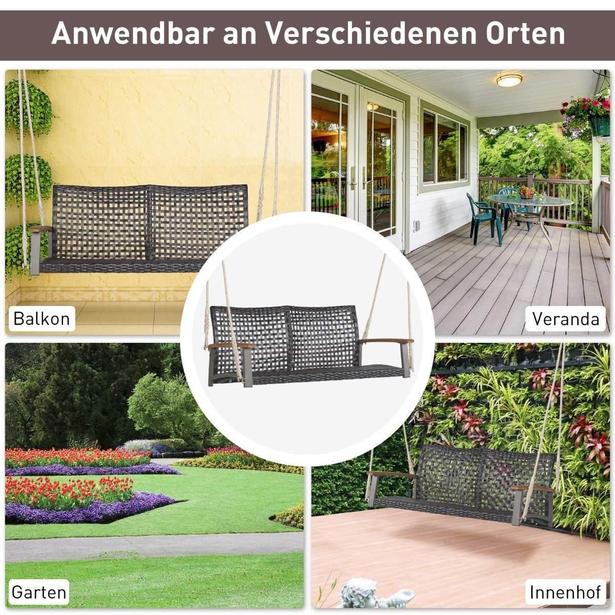 Een gevlochten schommelstoel wordt getoond op een balkon, veranda, tuin en binnenplaats.