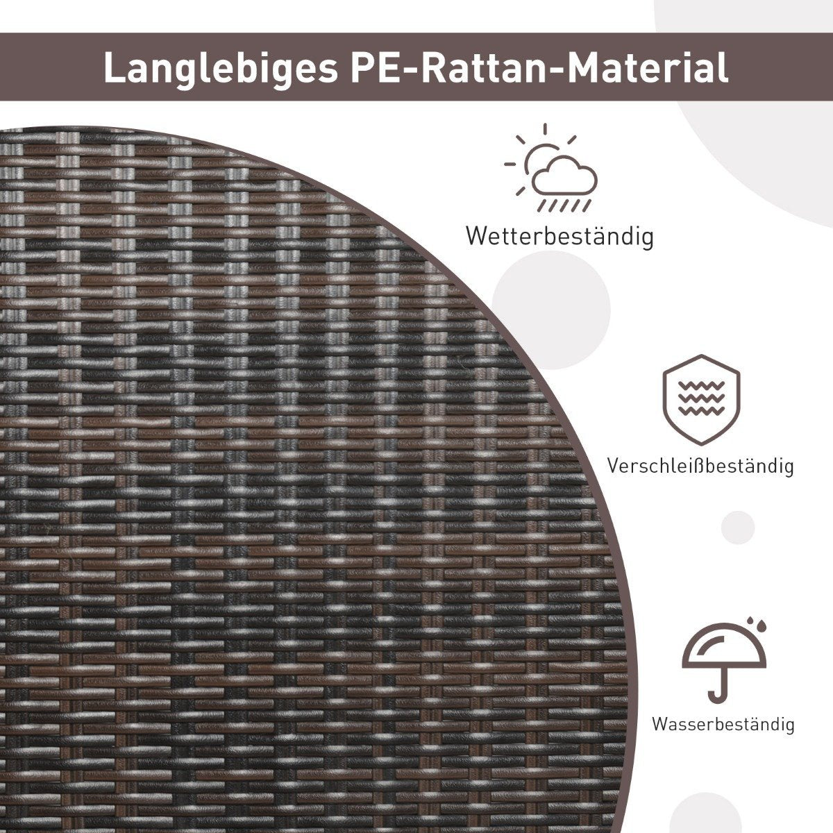PE rotan vlechtwerk met iconen voor weer-, slijt- en waterbestendigheid.