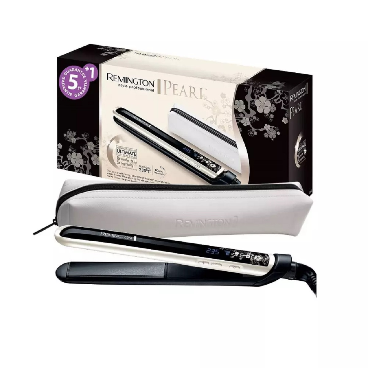 Remington Pearl hair straightener, black & white, with case and box.