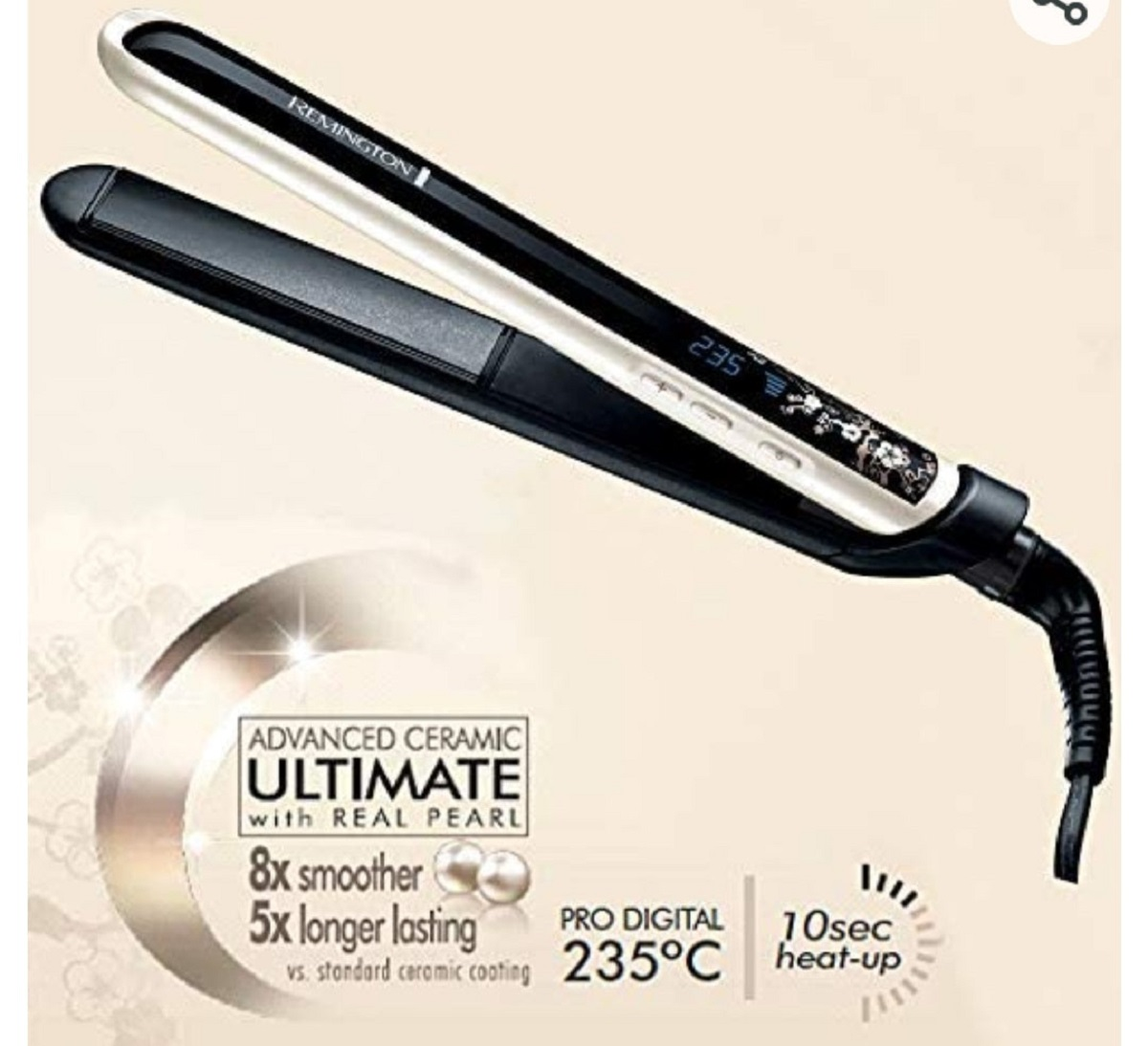 A Remington hair straightener with digital display and ceramic plates.
