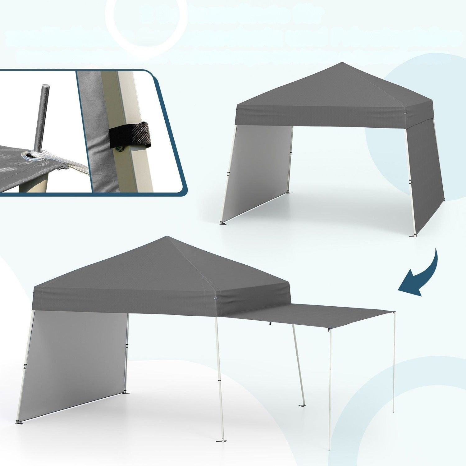 Een grijze tent getoond vanuit twee hoeken: één compleet, één met luifel.