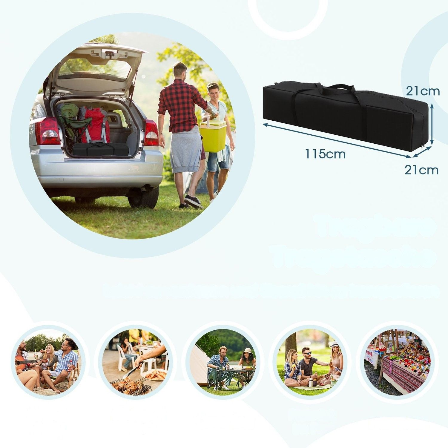 Zwarte draagtas, 115x21x21cm. Autocamper, picknick, barbecue, markt.