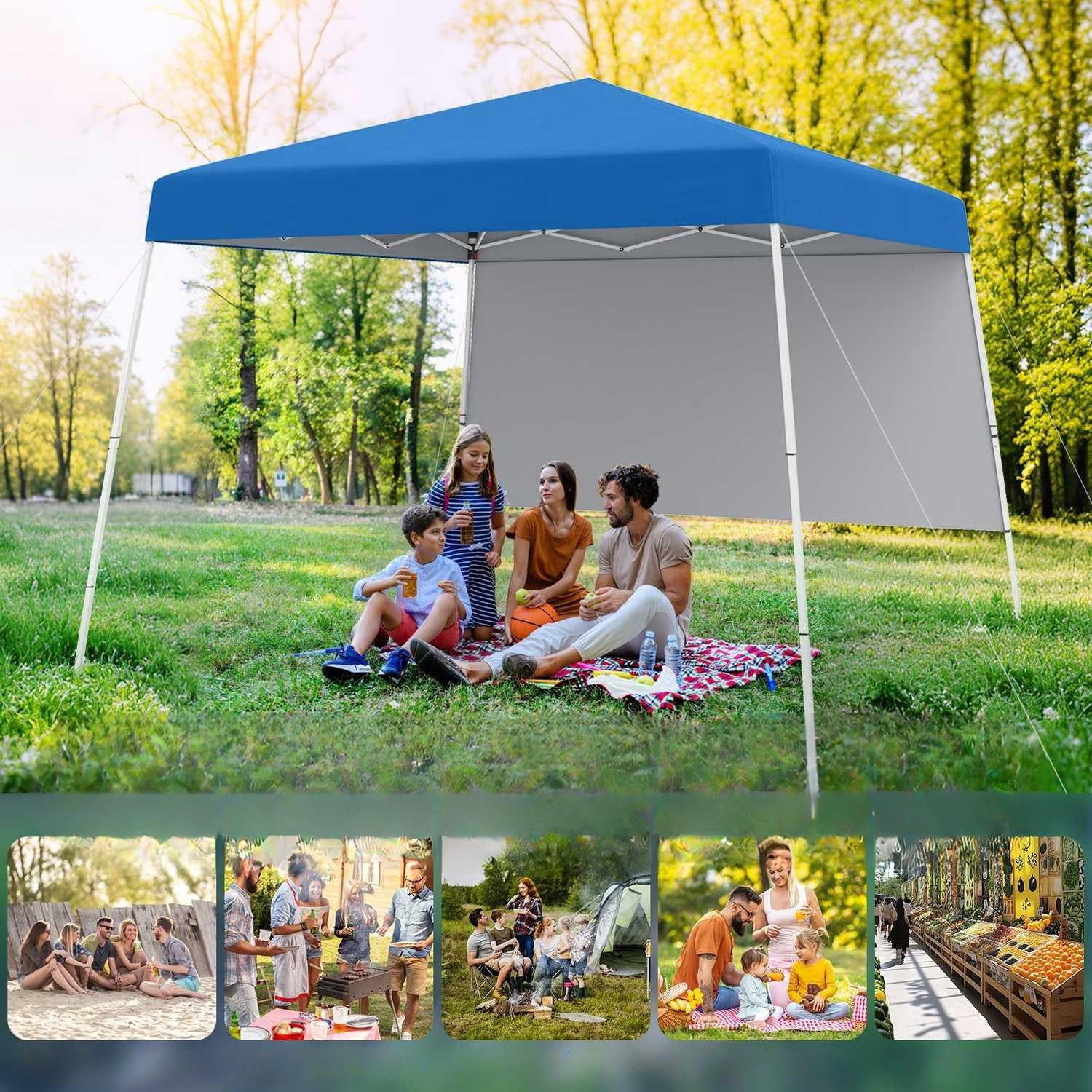 Familie geniet van een picknick onder een blauwe tent in een park. Meerdere kleine afbeeldingen tonen strand, barbecue, camping en markt.